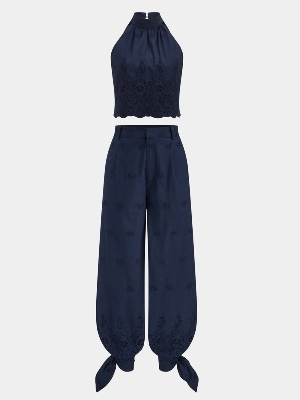 NWT Navy Eyelet Halter Crop Top & Wide-Leg Tie-Hem Pants - Picture 2 of 11